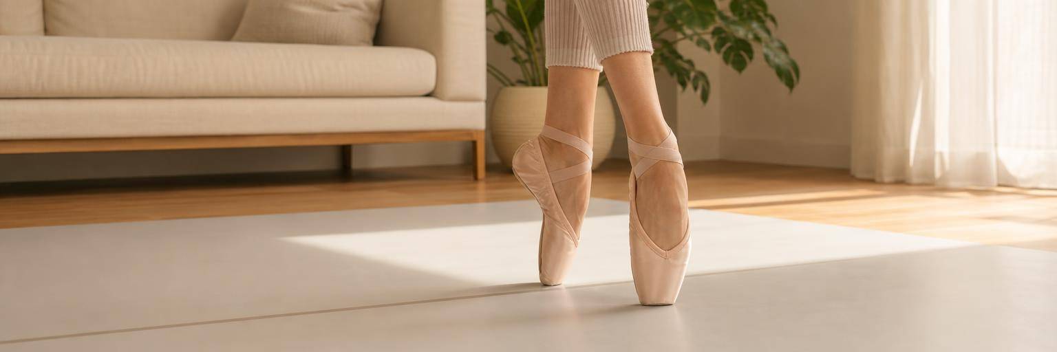 An adult dancer's feet in ballet slippers working through a releve on a portable Marley floor unrolled in a bright living room, a sofa and houseplant softly out of focus behind.