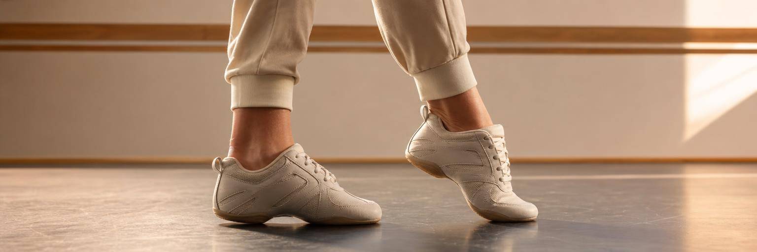 An adult dancer's feet in split-sole dance sneakers on a marley studio floor, photographed from the side, the near foot rising onto the ball of the foot while the far foot stays flat.